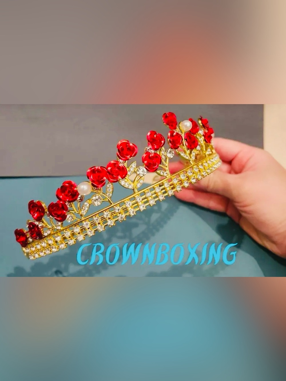 #3176**Gold Red Floral Tiara Crown with Pearls